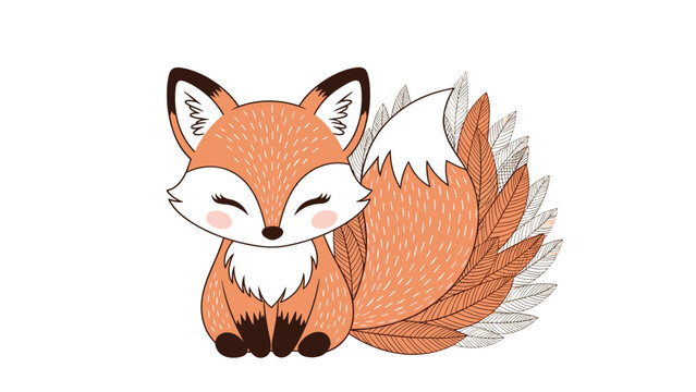 Adorable fox sitting with closed eyes and a large tail decorated with intricate leaf and floral patterns.