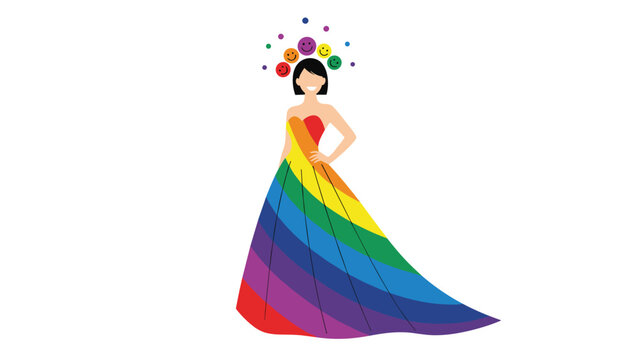 Smiling woman in a colorful rainbow dress with happy emoji faces floating around her head and hair.