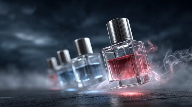 Different bottles of perfume with colored liquid on a dark surface