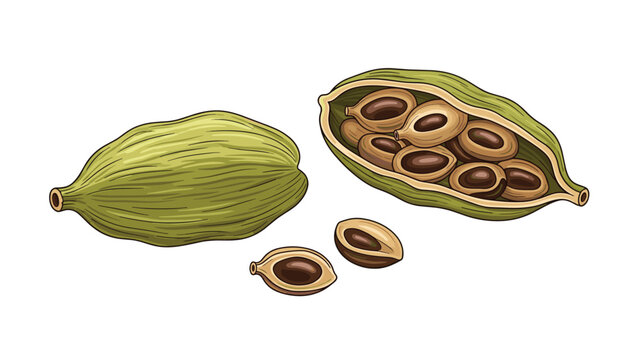 Detailed illustration of green cardamom pods both whole and opened showing the dark seeds inside for spice and cooking concept.