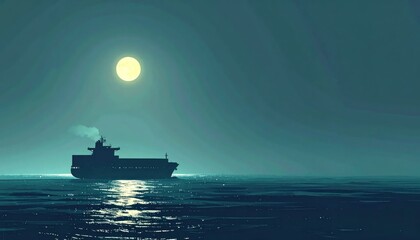 Obraz premium Cargo Ship Sailing Under a Full Moon on a Calm Sea.