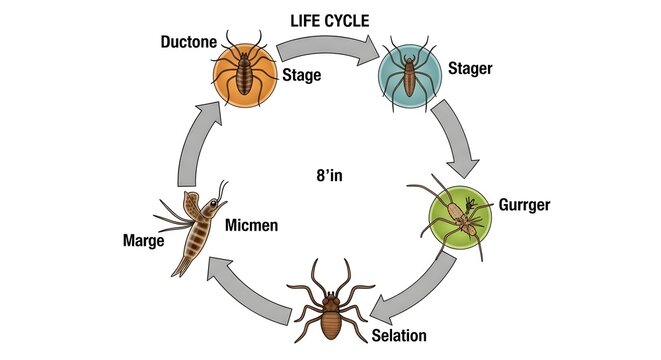 Generic insect life cycle diagram arranged in a circular format, showing multiple immature stages transforming through larval and nymph forms into an adult bug, emphasizing sequential growth and molti
