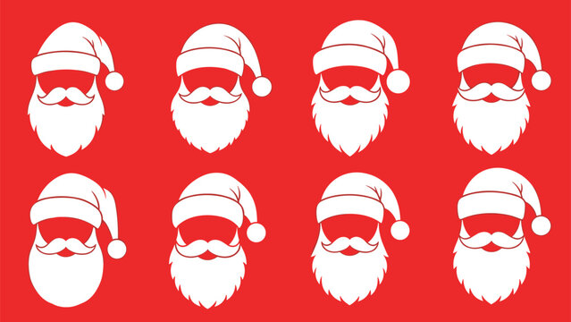 Collection of eight white Santa Claus head silhouettes with hats and beards arranged on a bright red festive background.