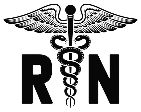 registered nurse RN caduceus symbol with wings and snakes, medical and healthcare icon, RN professional emblem, nursing and clinical care concept, clean vector illustration.