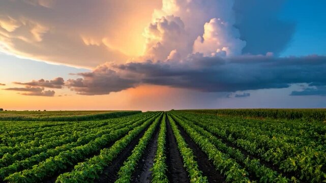 Green rows of crops under a dramatic, colorful sky with fluffy clouds