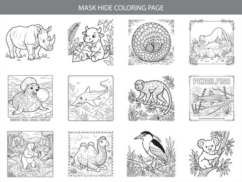 Detailed animal and creature coloring page set featuring rhino calf pangolin panther seal shark monkey pencilfish bear camel and heron