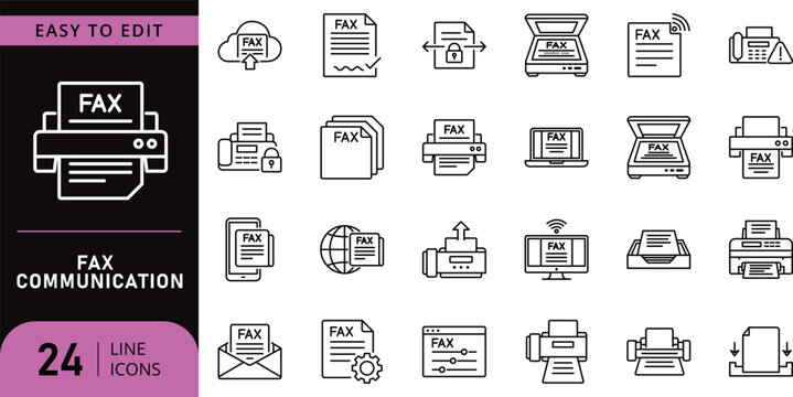 Fax communication line icon set featuring office machine document and scanner