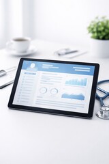 Fototapeta premium Telemedicine Healthcare Digital Tablet with Stethoscope, Medical Analytics Dashboard, Patient Records Software, Consultation Interface, Health Data Technology Concept