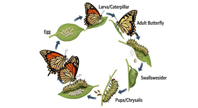 Monarch butterfly life cycle diagram showing egg on leaf, larva or caterpillar feeding, swollen caterpillar preparing to pupate, pupa or chrysalis hanging from stem and fully formed adult butterfly, i