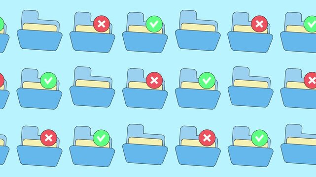 Seamless pattern of blue digital folders with check and cross icons in a repeating background animation. Flat design file management wallpaper with data organization for computing and tech backdrop.