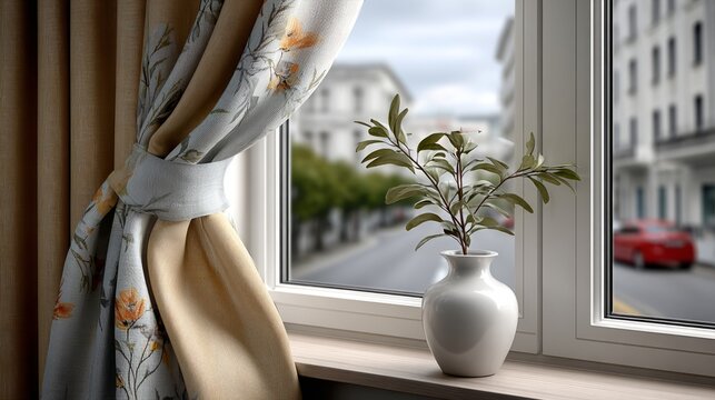 Window view from an indoor setting with a plant and curtain in a city environment