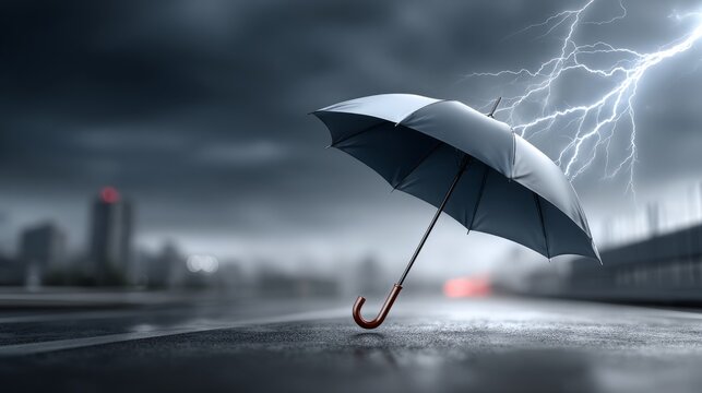  Artistic image of a lone umbrella during a thunderstorm with visible lightning strikes.