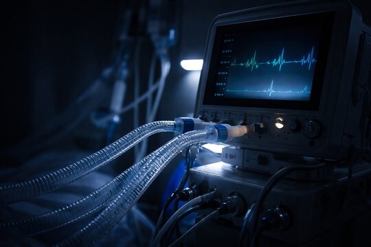 Medical Ventilator and Cardiac Monitor in ICU, Respiratory Life-Support Technology, Critical Care Clinical Equipment for Emergency Patient Treatment in Hospital Healthcare Setting, Biomedical Device