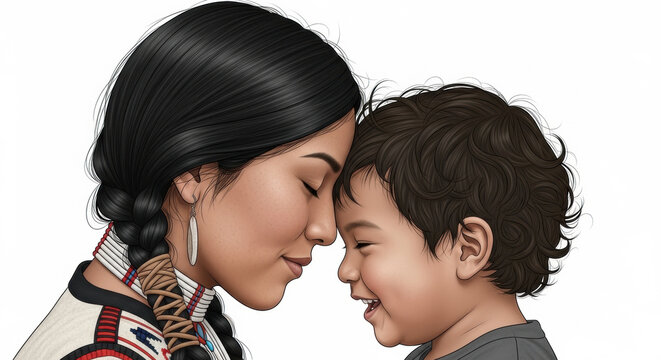 A tender moment between a Native American woman and a young boy touching foreheads on transparent background