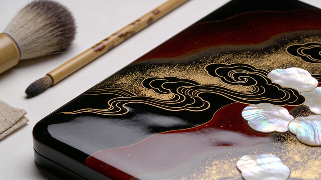 Close-up of Japanese Maki-e lacquerware with gold dust and mother-of-pearl inlay, featuring traditional artisan brushes in the background