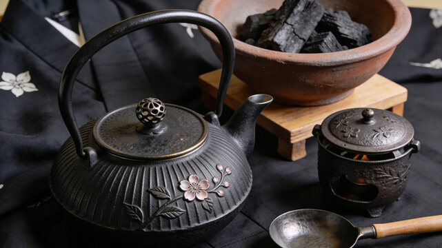 Traditional Japanese Tetsubin cast iron teapot with cherry blossom relief, displayed with charcoal brazier and artisan tools for a tea ceremony