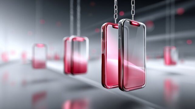 Red and silver mobile phones suspended in a modern display setting
