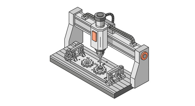 Isometric illustration of a 3-axis CNC milling machine precisely manufacturing metal gears for industrial automation and engineering projects.