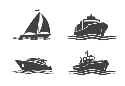 Four different types of boats in silhouette on water