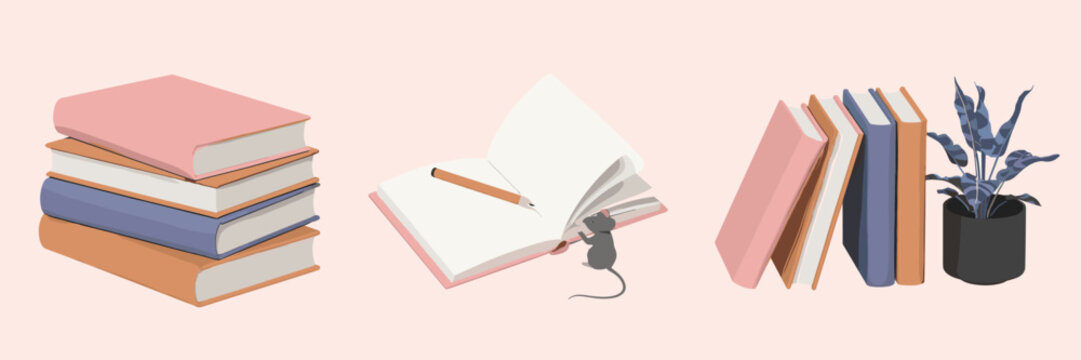 Stack of Books Open Notebook and Potted Plant vector