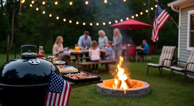 Backyard barbecue party with family, fire pit, and american flag decorations