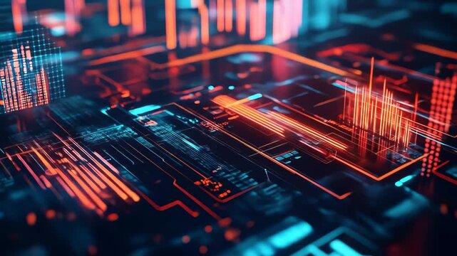 Abstract digital circuit board design with glowing lines and geometric patterns