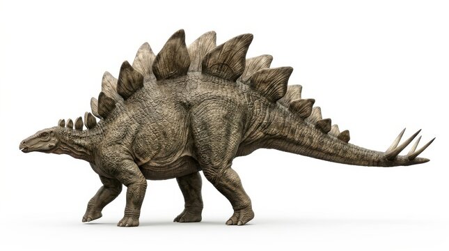 A detailed 3d rendering of a stegosaurus dinosaur walking with its iconic plated back and spiked tail, set against a clean white background.