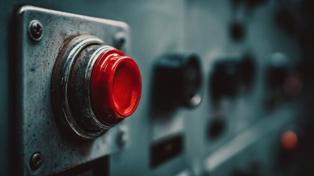 Close-up of a bright red emergency stop button on industrial machinery, emphasizing safety and control