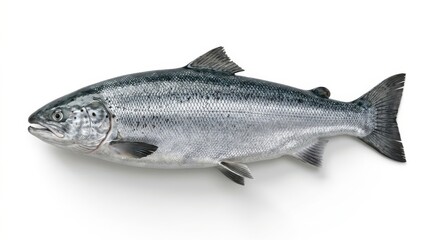 Obraz premium A fresh, whole salmon fish with silver scales and dark spots, isolated on a clean white background, showcasing its healthy appearance.