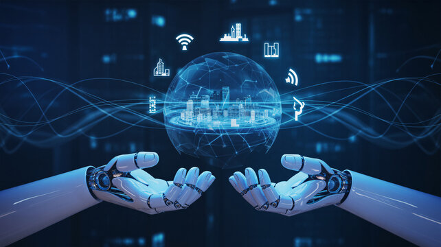 Futuristic AI robot hands holding glowing digital brain with global network connection and cyber technology background