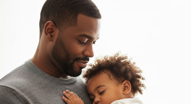 A tender moment between a loving father and his sleeping child on transparent background