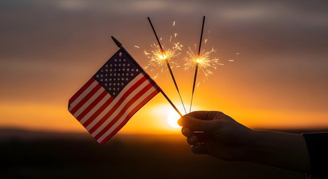 Hand holding american flag and sparklers against a sunset sky
