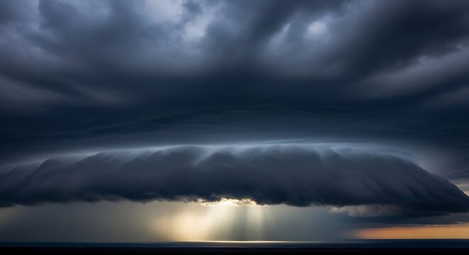 Dramatic Shelf Cloud Formation During a Thunderstorm with Sun Rays Breaking Through.