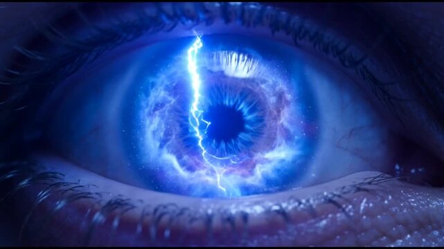 Storm Within: A close-up view of a vibrant blue eye, the pupil is electrified with a powerful lightning bolt. Capturing the raw intensity of a natural phenomenon.