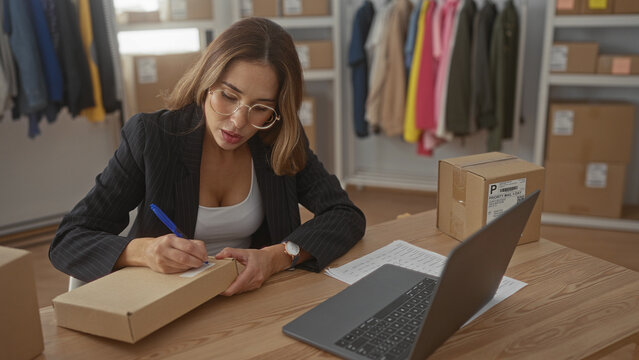 Woman writes shipping label on cardboard box at packing table with laptop and clothing rack in studio; determination.