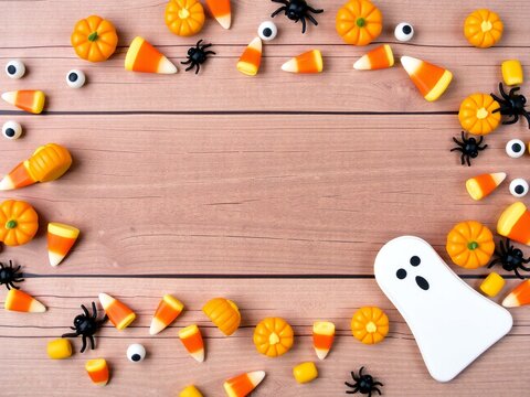 Halloween candy and decorations border on rustic wood background