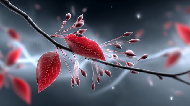 Bright red leaves grow on a branch against a blurred background