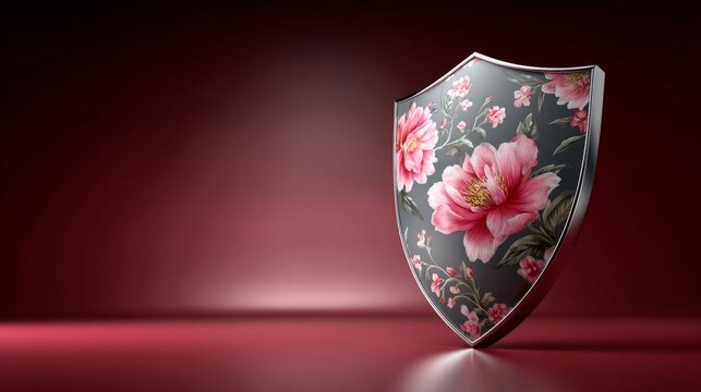 Shield with floral design displayed against a simple background