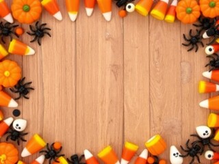Fototapeta premium Halloween candy and decorations frame a rustic wooden background for text