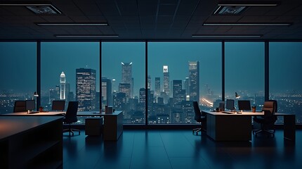 Fototapeta premium Corporate Workspace with Urban City Lights and Skyscrapers Through Windows