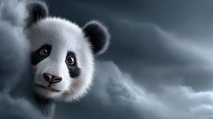 Obraz premium Panda peeking through clouds in an artistic illustration with dark tones and details