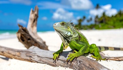 Fototapeta premium Bright green iguana relaxes on a sandy beach with a weathered log, ocean, and palm trees in the background
