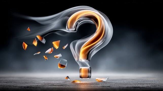 Question mark made of glass with fragments floating around in a smoky background