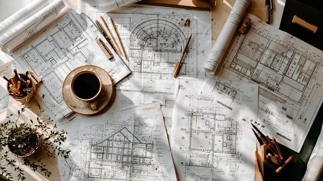 Architectural blueprints and design tools scattered on a wooden table bathed in warm sunlight evoke creativity planning and the process of building something new
