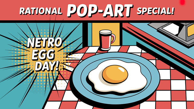 Pop art style illustration of fried egg on plate with coffee cup on table