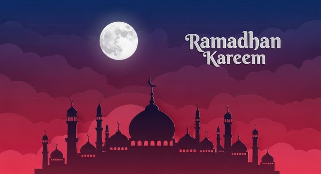 Ramadhan Kareem Islamic Mosque Silhouette Under Full Moon Night Sky.