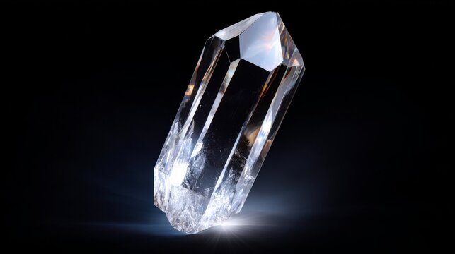 A single clear quartz crystal specimen with sharp facets reflecting brilliant light on a dark background