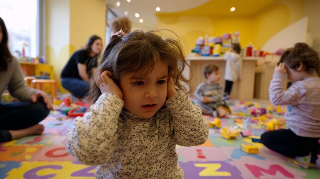 distressed girl covering ears noise child anxiety indoor playroom kids toys letters loud sound sensory overload stress emotion upset classroom activity concern adults colorful environment