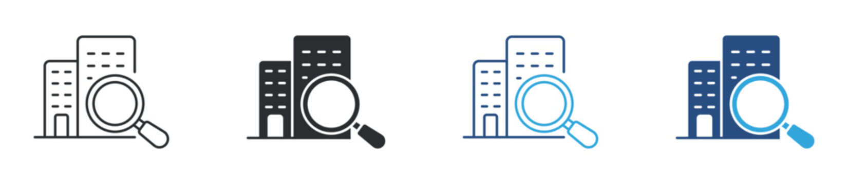 Property Search Icon Set, Real Estate Finder and Building Lookup Symbols, House Hunting and Property Analysis Concept Icons, Vector Illustration