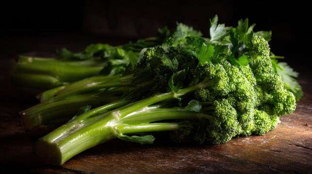 Fresh broccoli and parsley on wooden surface with dramatic lighting